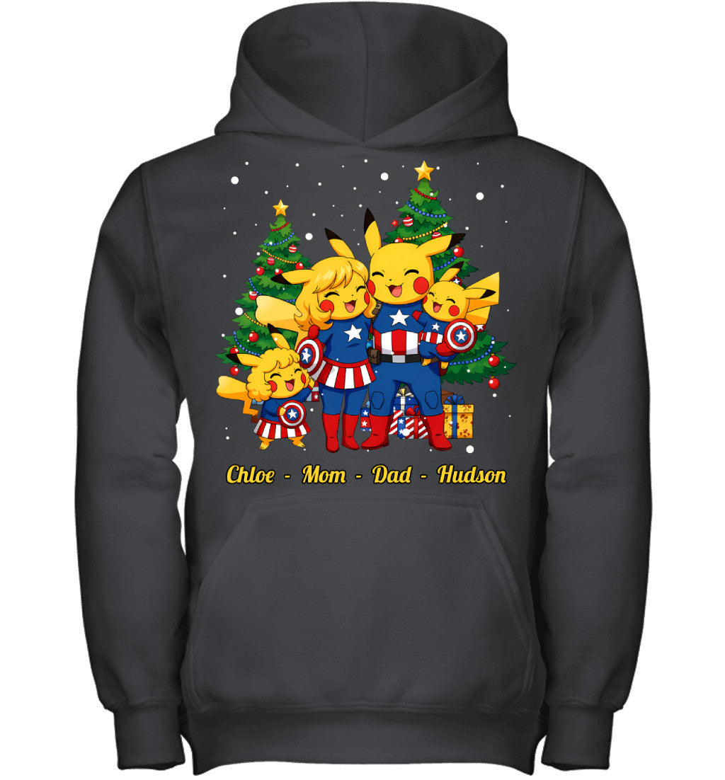 Pikachu x Captain America Parents & Kids Custom Name Christmas T-Shirt for Family
