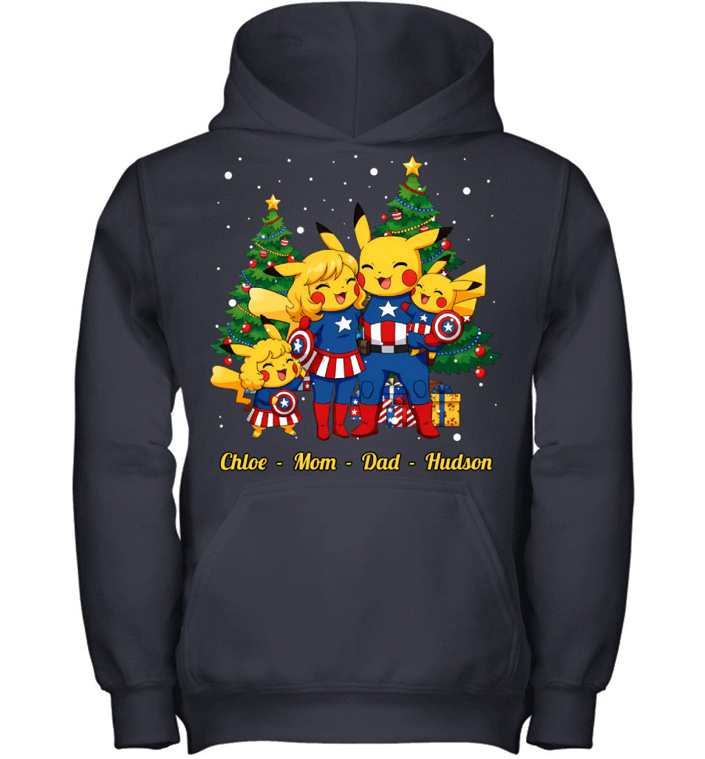 Pikachu x Captain America Parents & Kids Custom Name Christmas T-Shirt for Family