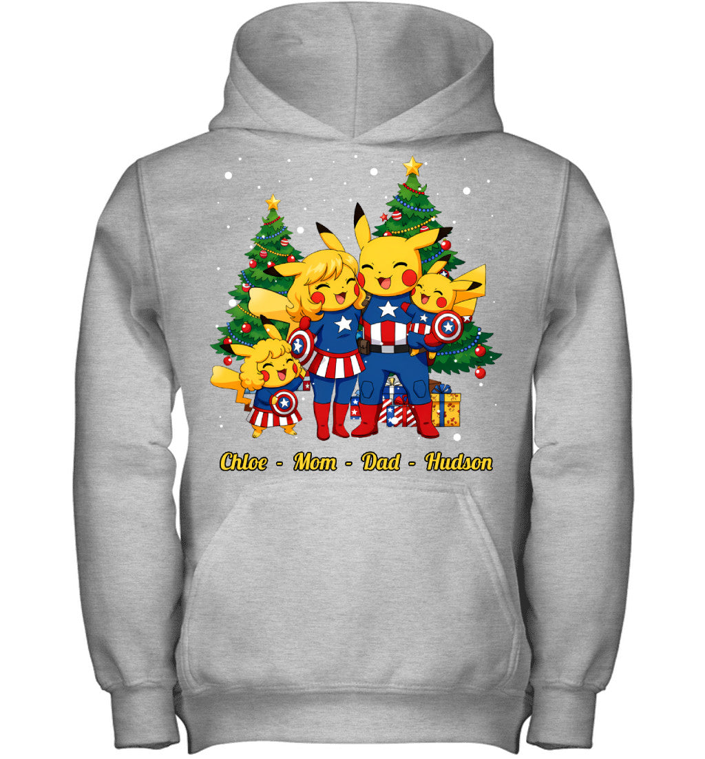 Pikachu x Captain America Parents & Kids Custom Name Christmas T-Shirt for Family