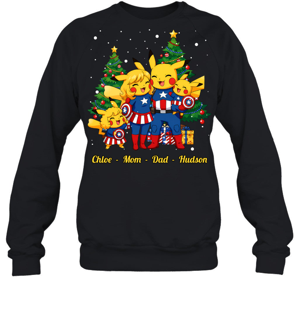 Pikachu x Captain America Parents & Kids Custom Name Christmas T-Shirt for Family