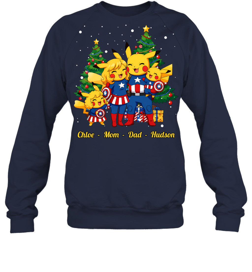 Pikachu x Captain America Parents & Kids Custom Name Christmas T-Shirt for Family