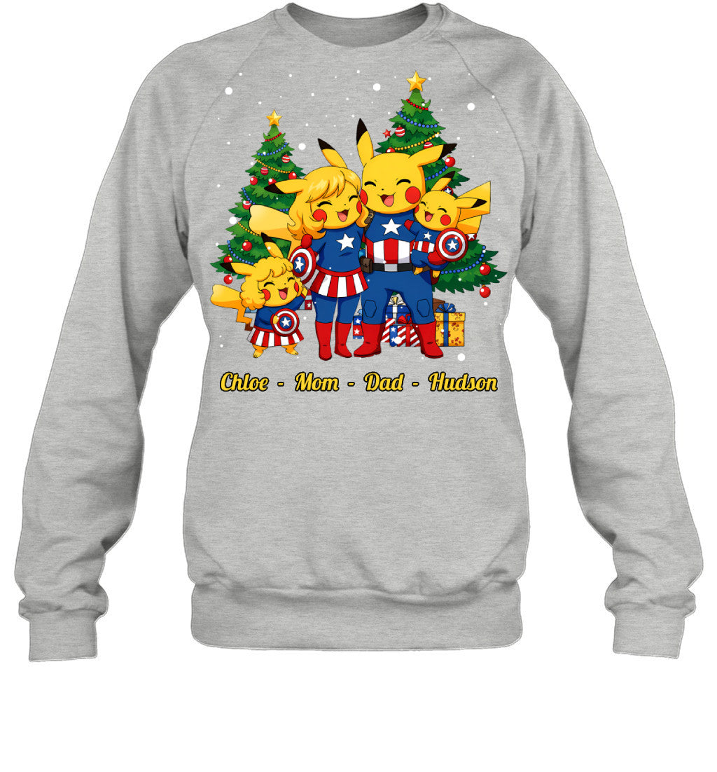 Pikachu x Captain America Parents & Kids Custom Name Christmas T-Shirt for Family