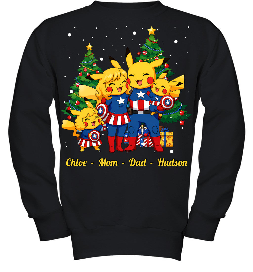 Pikachu x Captain America Parents & Kids Custom Name Christmas T-Shirt for Family