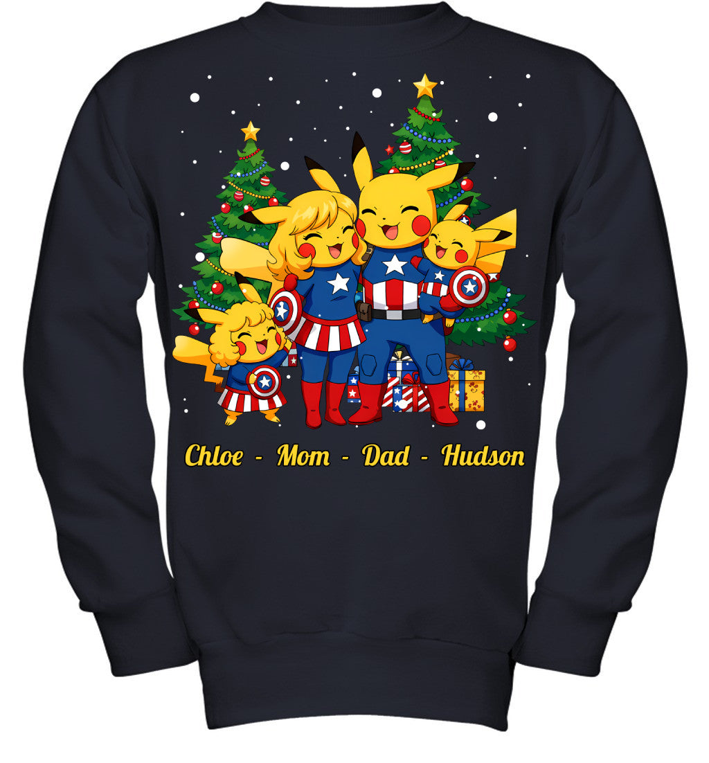 Pikachu x Captain America Parents & Kids Custom Name Christmas T-Shirt for Family