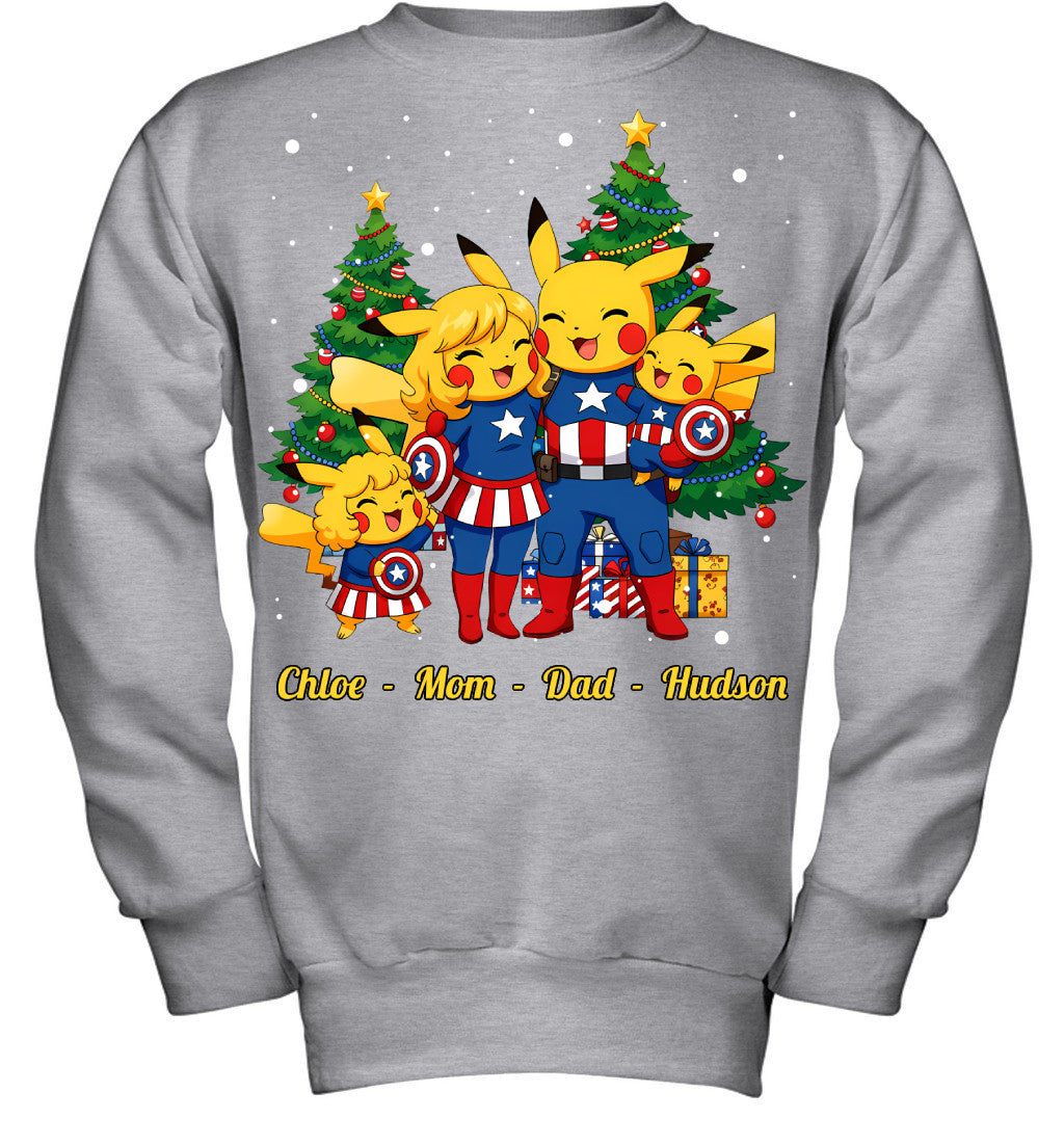 Pikachu x Captain America Parents & Kids Custom Name Christmas T-Shirt for Family