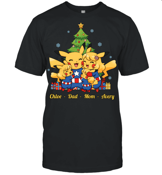 Pikachu x Captain America Parents & Daughters Custom Name Christmas T-Shirt for Family