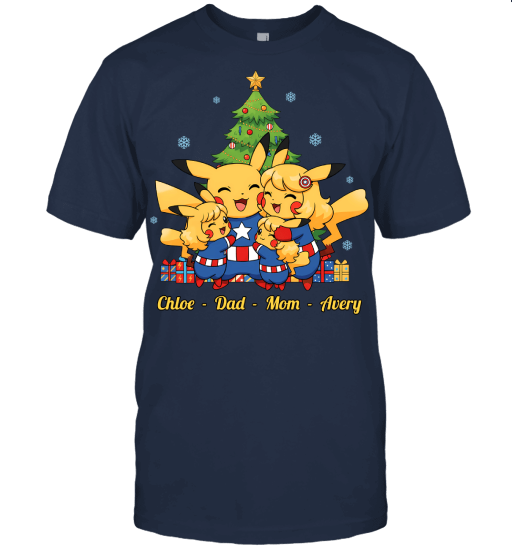 Pikachu x Captain America Parents & Daughters Custom Name Christmas T-Shirt for Family