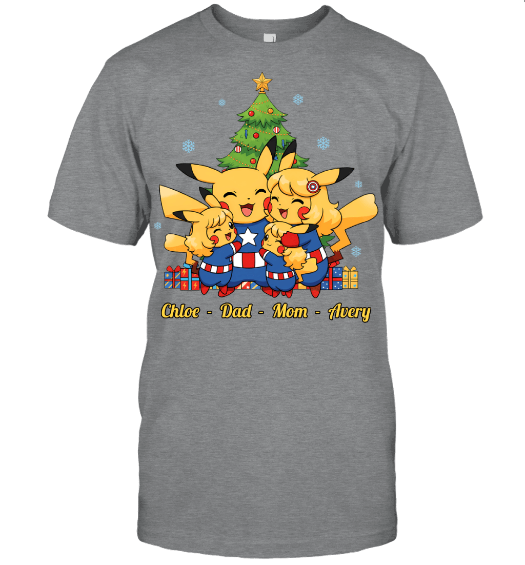 Pikachu x Captain America Parents & Daughters Custom Name Christmas T-Shirt for Family