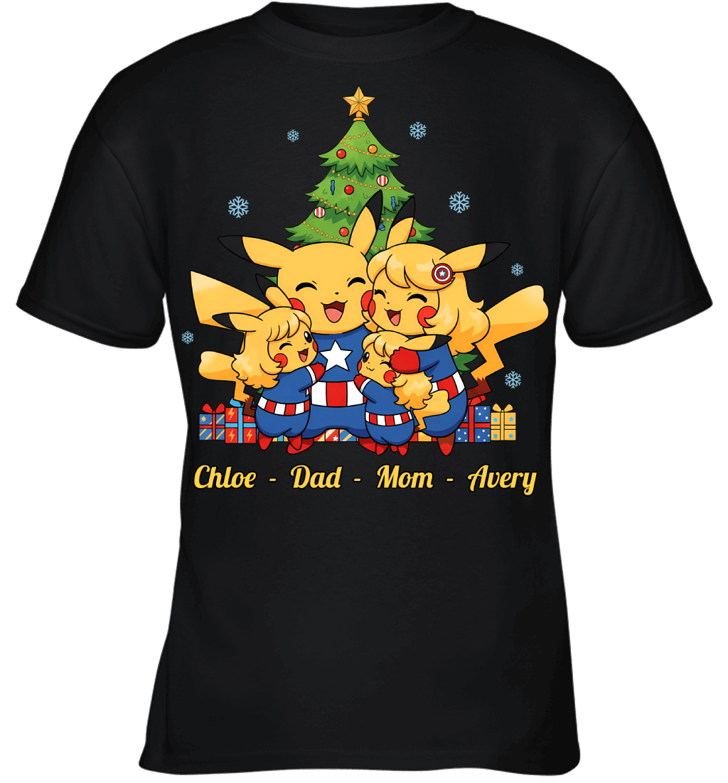 Pikachu x Captain America Parents & Daughters Custom Name Christmas T-Shirt for Family