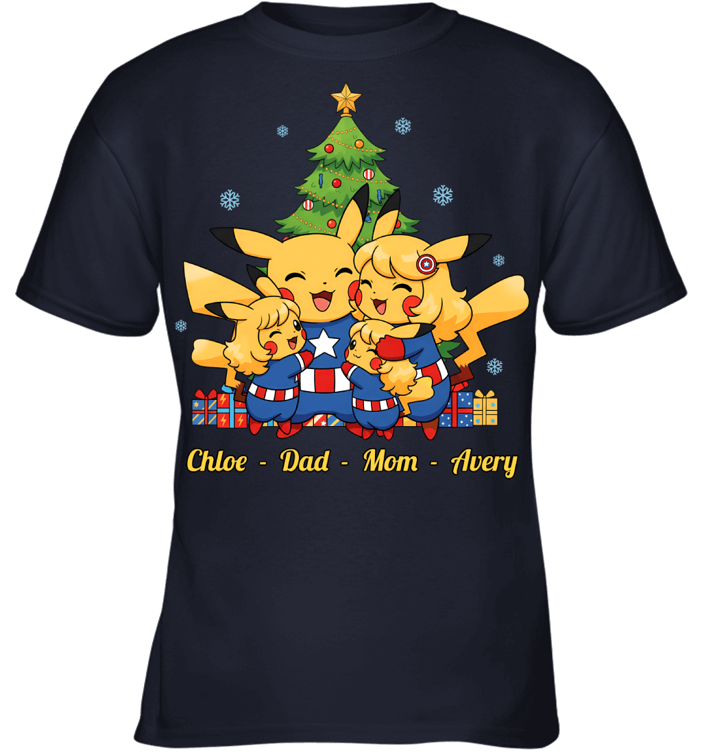 Pikachu x Captain America Parents & Daughters Custom Name Christmas T-Shirt for Family