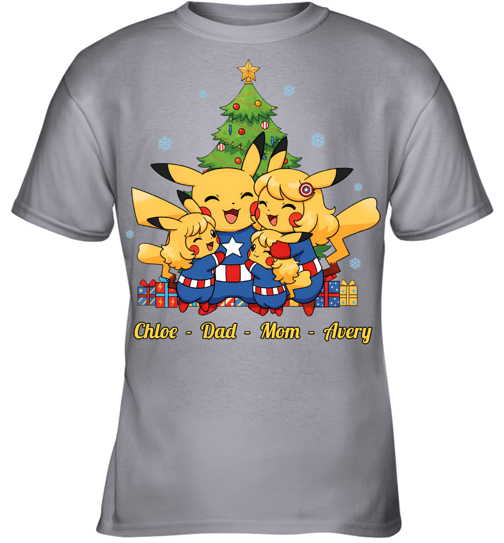 Pikachu x Captain America Parents & Daughters Custom Name Christmas T-Shirt for Family