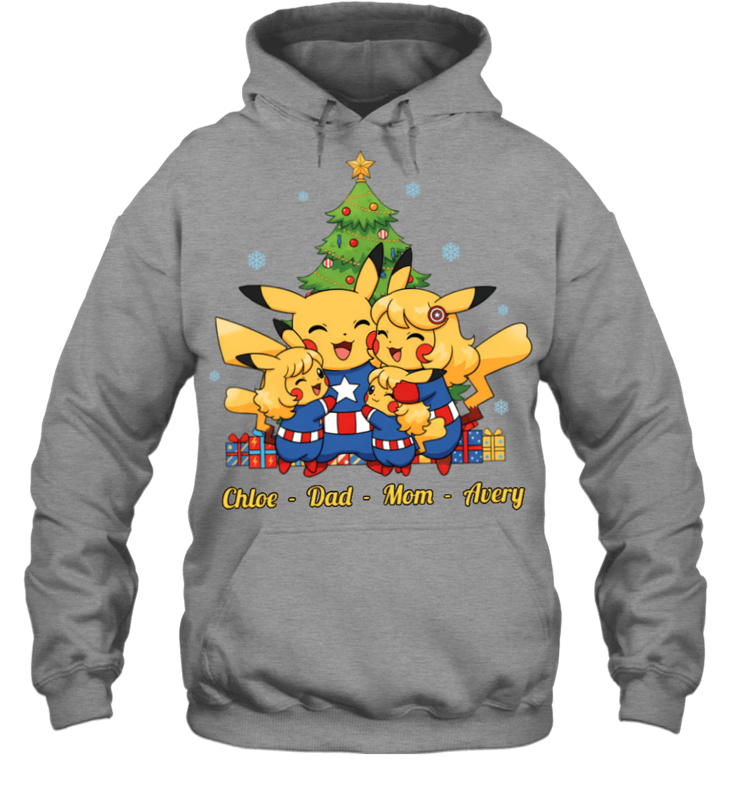 Pikachu x Captain America Parents & Daughters Custom Name Christmas T-Shirt for Family