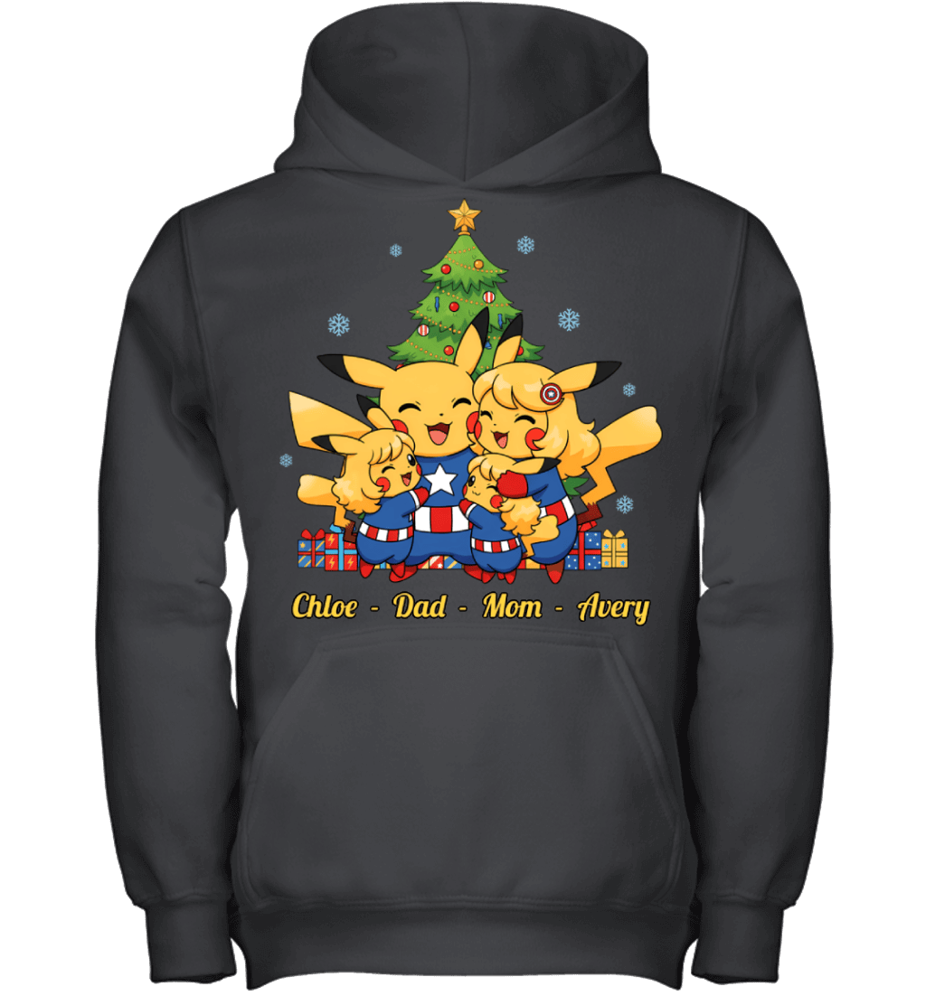 Pikachu x Captain America Parents & Daughters Custom Name Christmas T-Shirt for Family