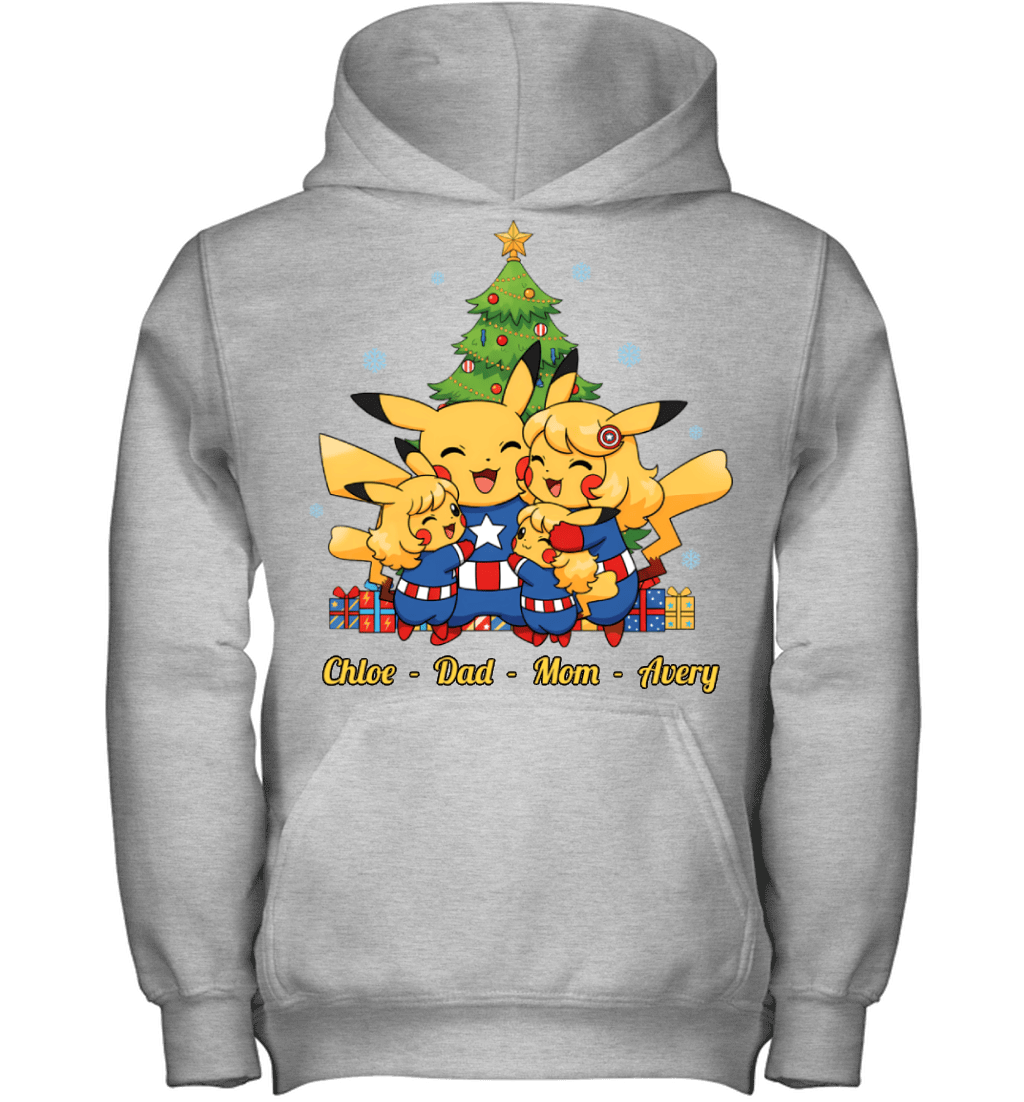 Pikachu x Captain America Parents & Daughters Custom Name Christmas T-Shirt for Family