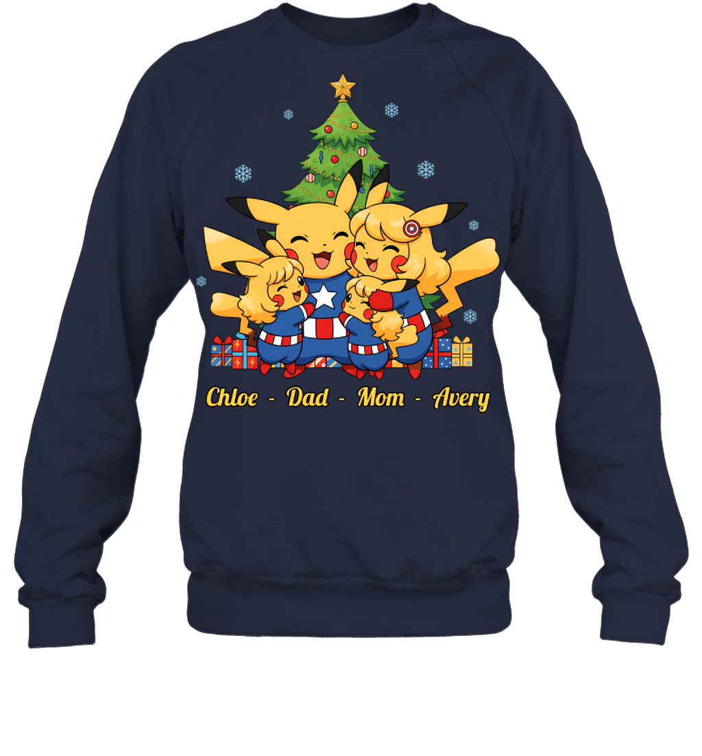 Pikachu x Captain America Parents & Daughters Custom Name Christmas T-Shirt for Family