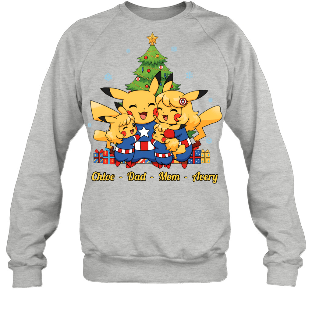 Pikachu x Captain America Parents & Daughters Custom Name Christmas T-Shirt for Family