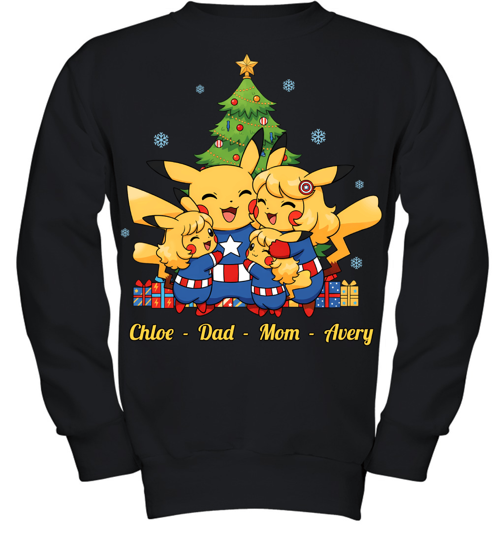 Pikachu x Captain America Parents & Daughters Custom Name Christmas T-Shirt for Family