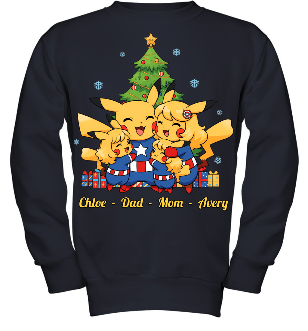 Pikachu x Captain America Parents & Daughters Custom Name Christmas T-Shirt for Family