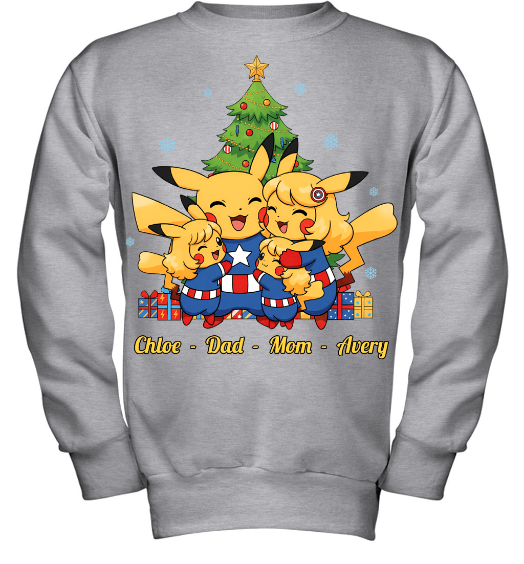 Pikachu x Captain America Parents & Daughters Custom Name Christmas T-Shirt for Family