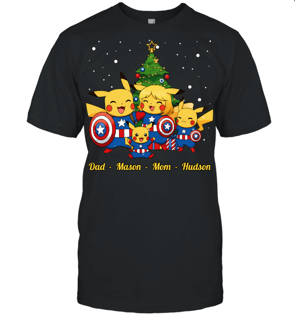 Pikachu x Captain America Parents & Sons Custom Name Christmas T-Shirt for Family