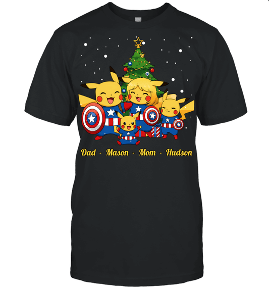 Pikachu x Captain America Parents & Sons Custom Name Christmas T-Shirt for Family