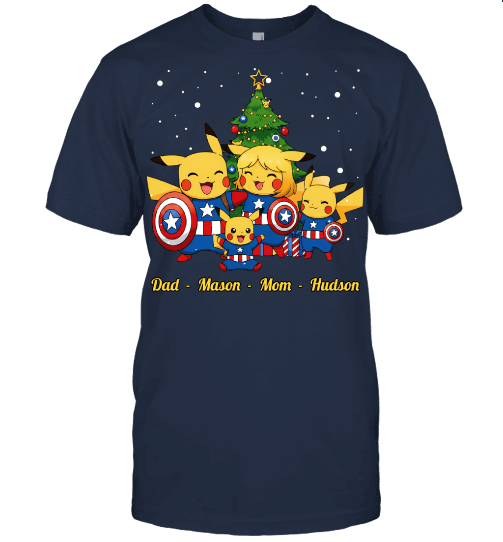 Pikachu x Captain America Parents & Sons Custom Name Christmas T-Shirt for Family