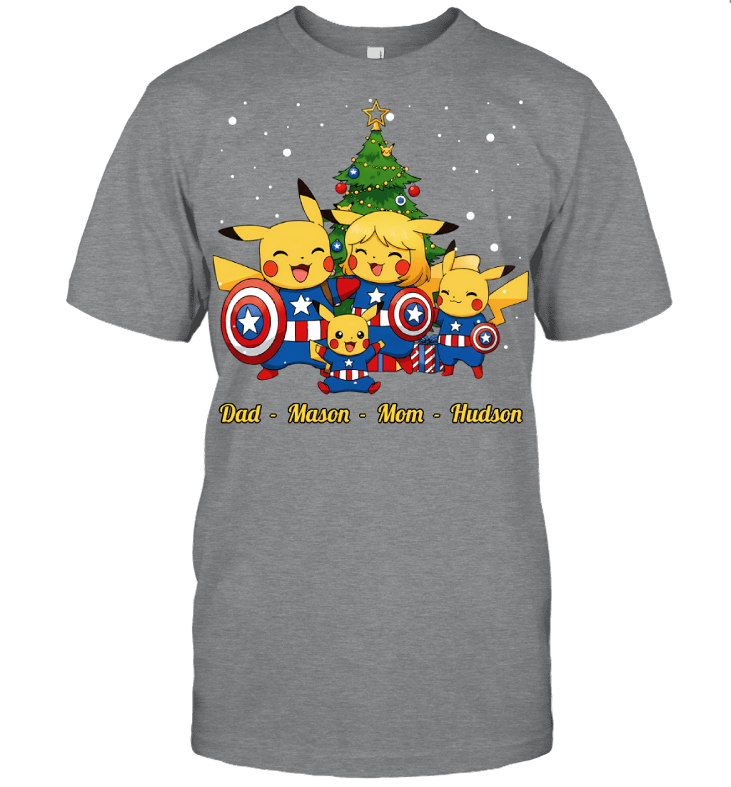 Pikachu x Captain America Parents & Sons Custom Name Christmas T-Shirt for Family