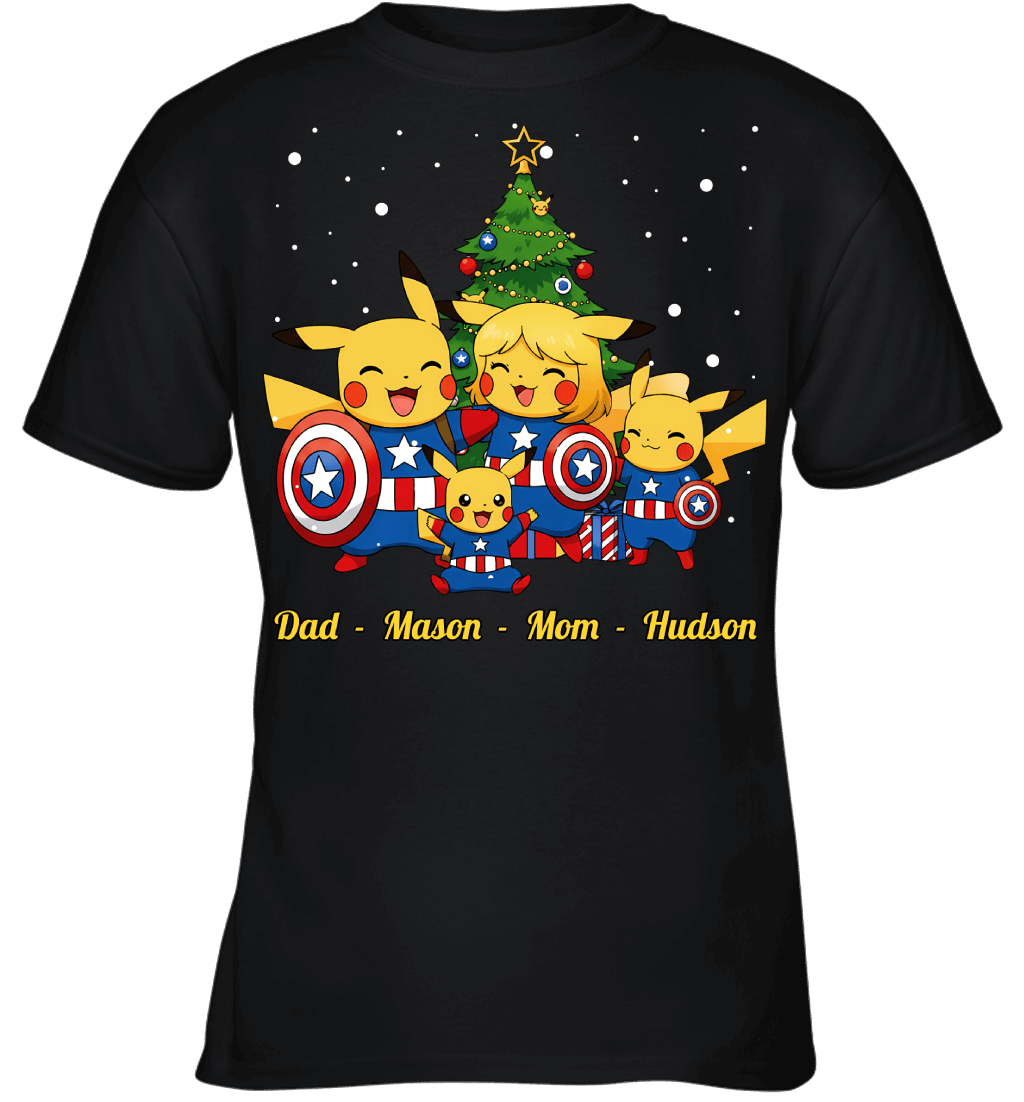 Pikachu x Captain America Parents & Sons Custom Name Christmas T-Shirt for Family