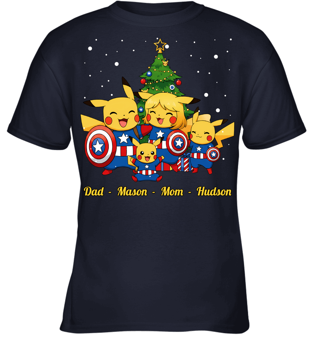 Pikachu x Captain America Parents & Sons Custom Name Christmas T-Shirt for Family