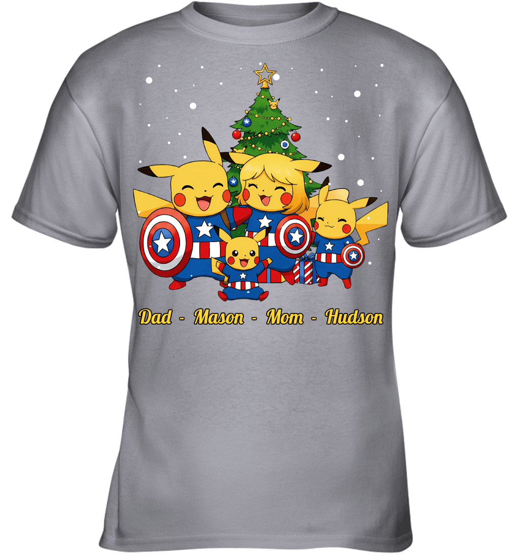 Pikachu x Captain America Parents & Sons Custom Name Christmas T-Shirt for Family