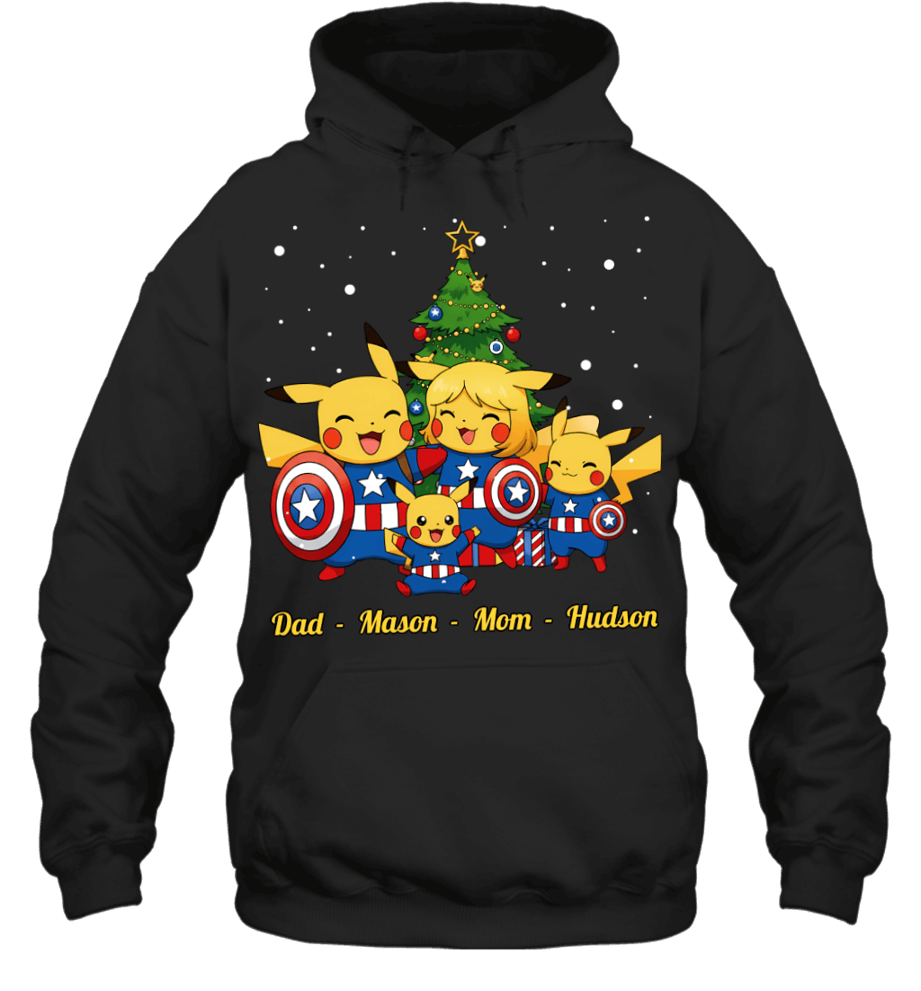 Pikachu x Captain America Parents & Sons Custom Name Christmas T-Shirt for Family