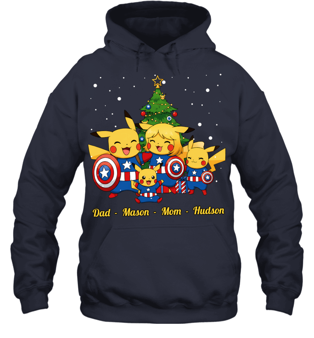 Pikachu x Captain America Parents & Sons Custom Name Christmas T-Shirt for Family