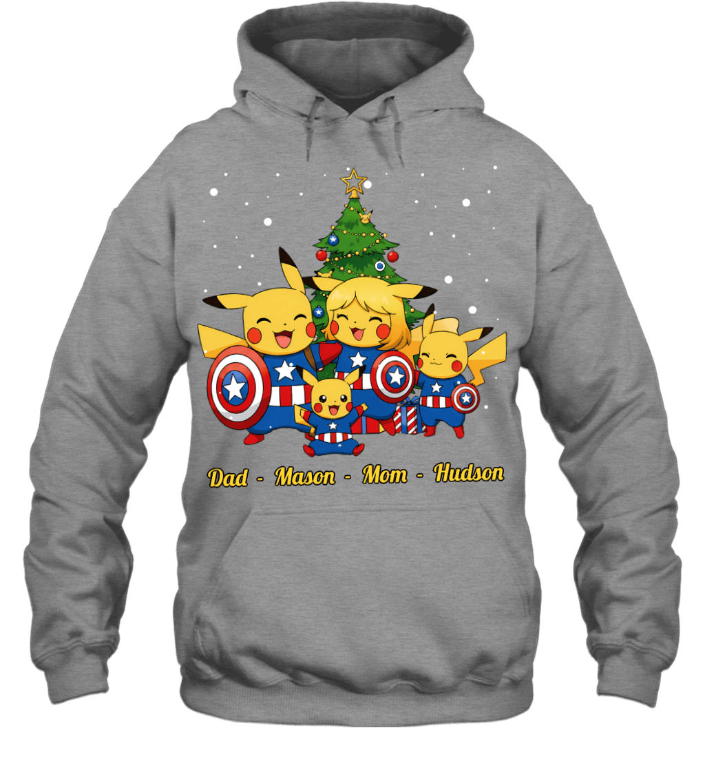 Pikachu x Captain America Parents & Sons Custom Name Christmas T-Shirt for Family