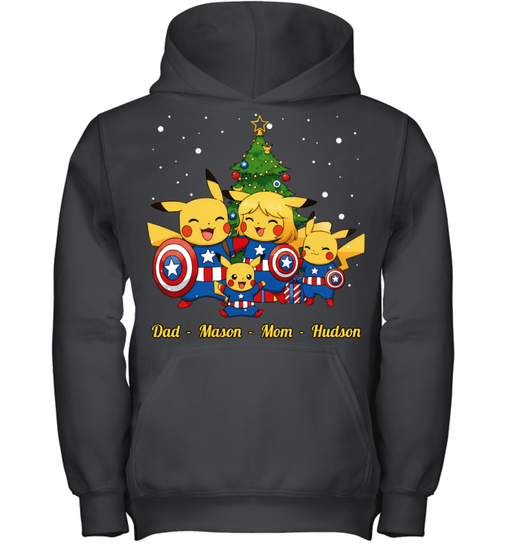 Pikachu x Captain America Parents & Sons Custom Name Christmas T-Shirt for Family