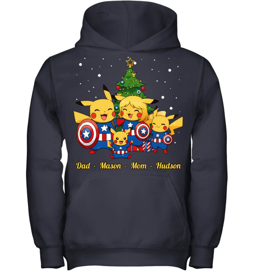 Pikachu x Captain America Parents & Sons Custom Name Christmas T-Shirt for Family
