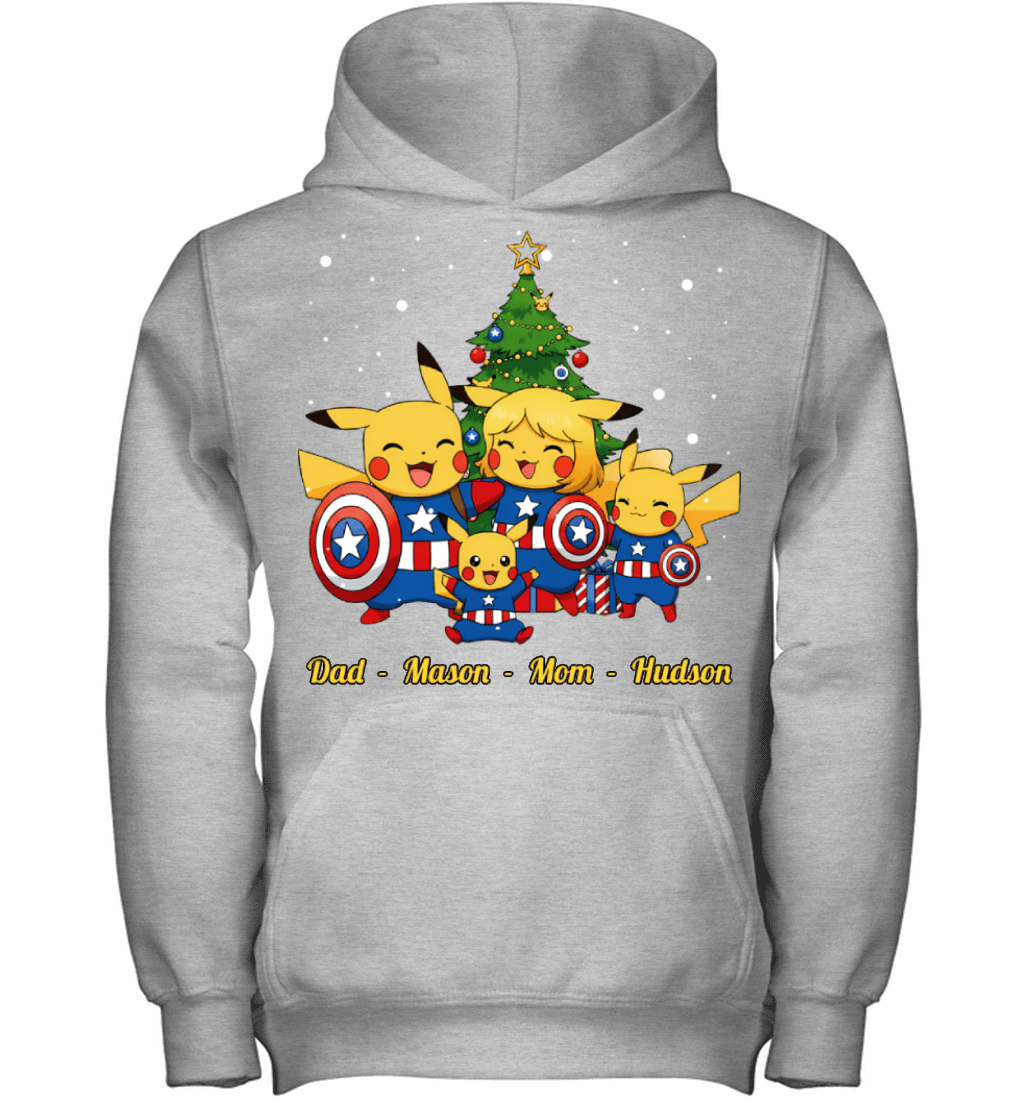 Pikachu x Captain America Parents & Sons Custom Name Christmas T-Shirt for Family