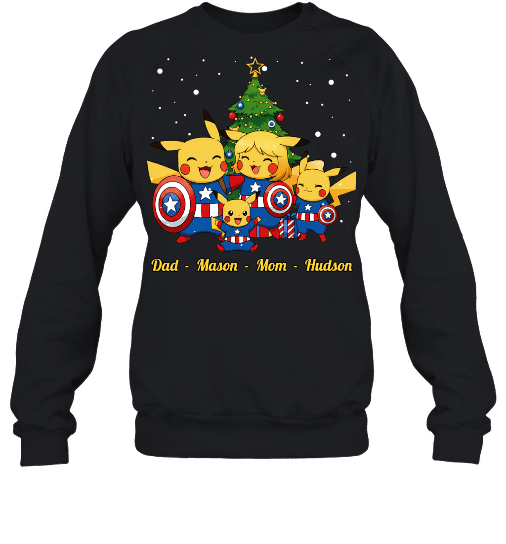 Pikachu x Captain America Parents & Sons Custom Name Christmas T-Shirt for Family
