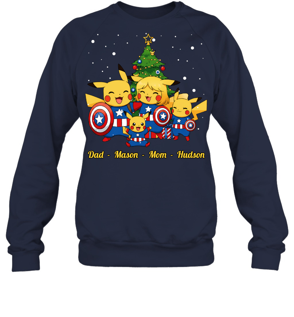Pikachu x Captain America Parents & Sons Custom Name Christmas T-Shirt for Family