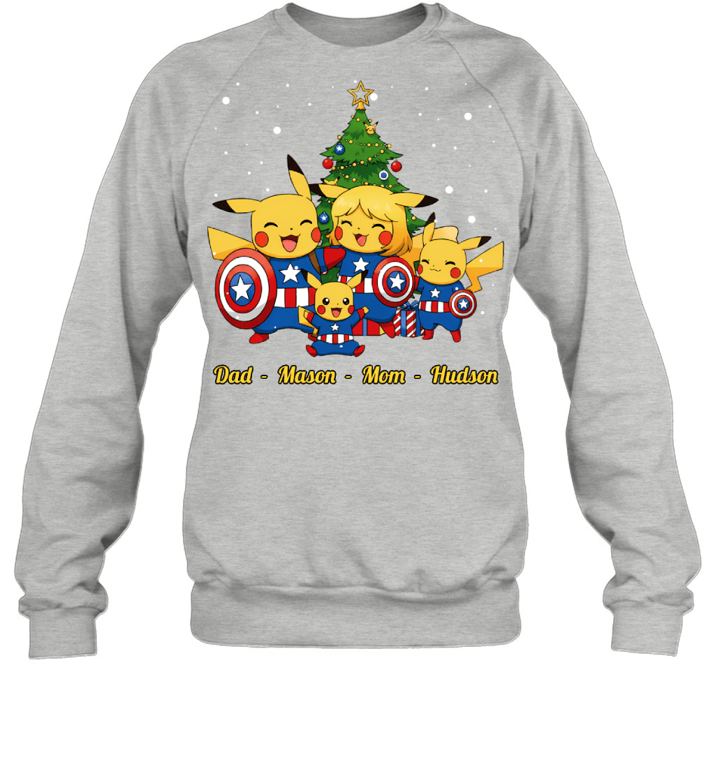 Pikachu x Captain America Parents & Sons Custom Name Christmas T-Shirt for Family