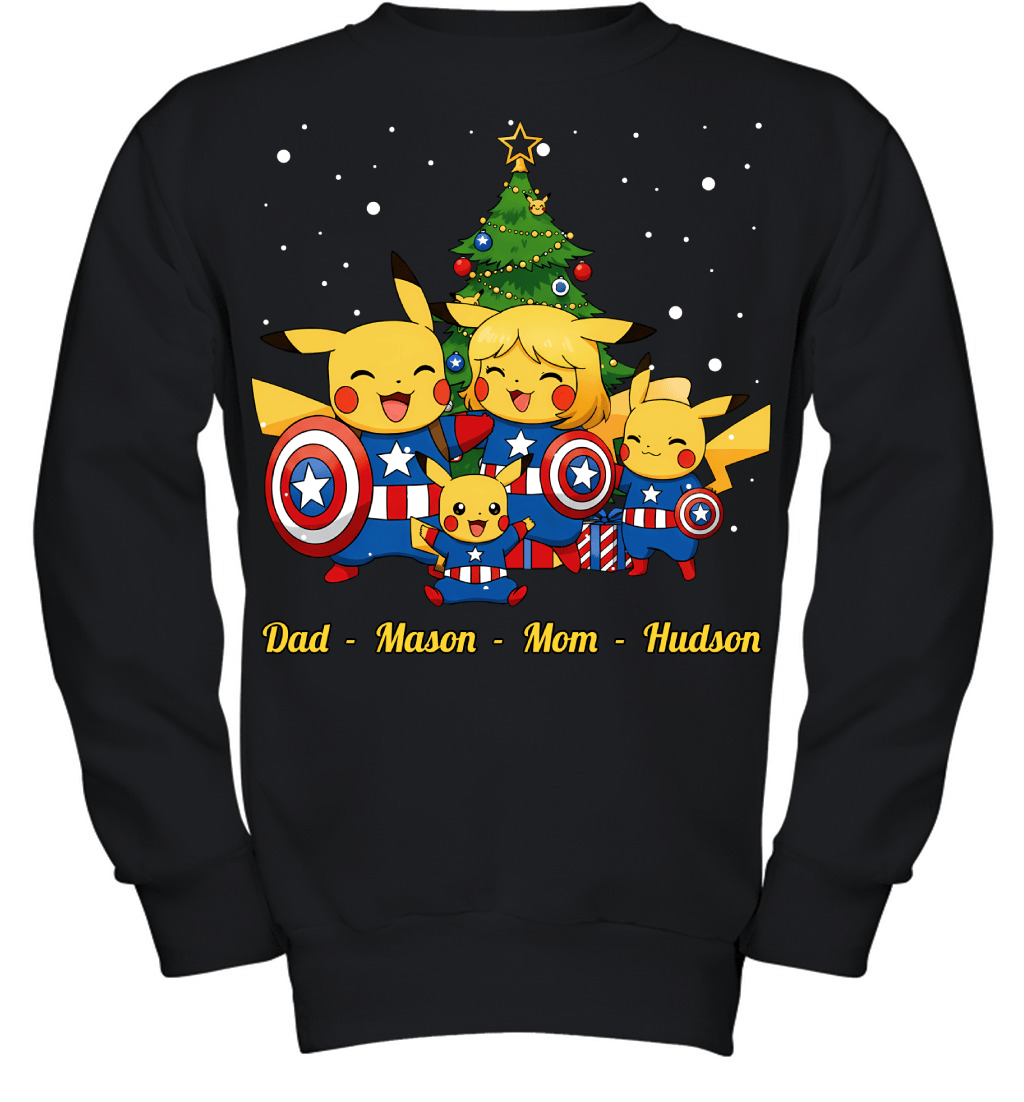 Pikachu x Captain America Parents & Sons Custom Name Christmas T-Shirt for Family