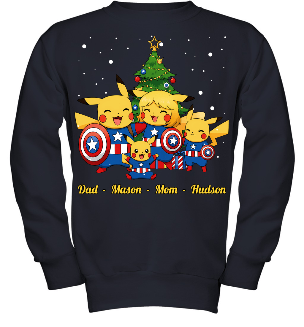 Pikachu x Captain America Parents & Sons Custom Name Christmas T-Shirt for Family