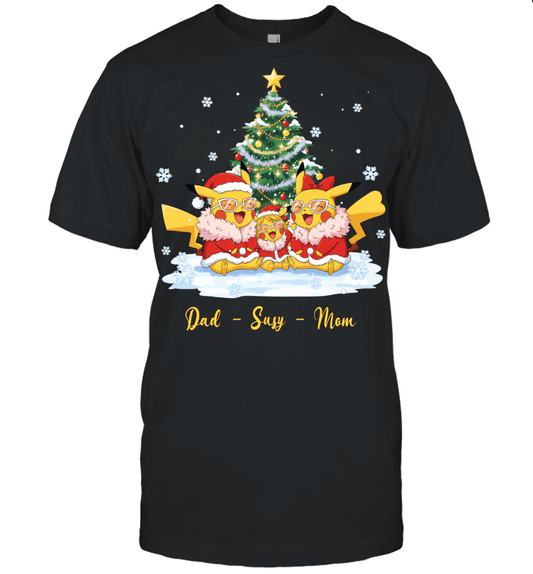 Pikachu x Doflamingo Parents & Daughter Custom Name Christmas T-Shirt for Family