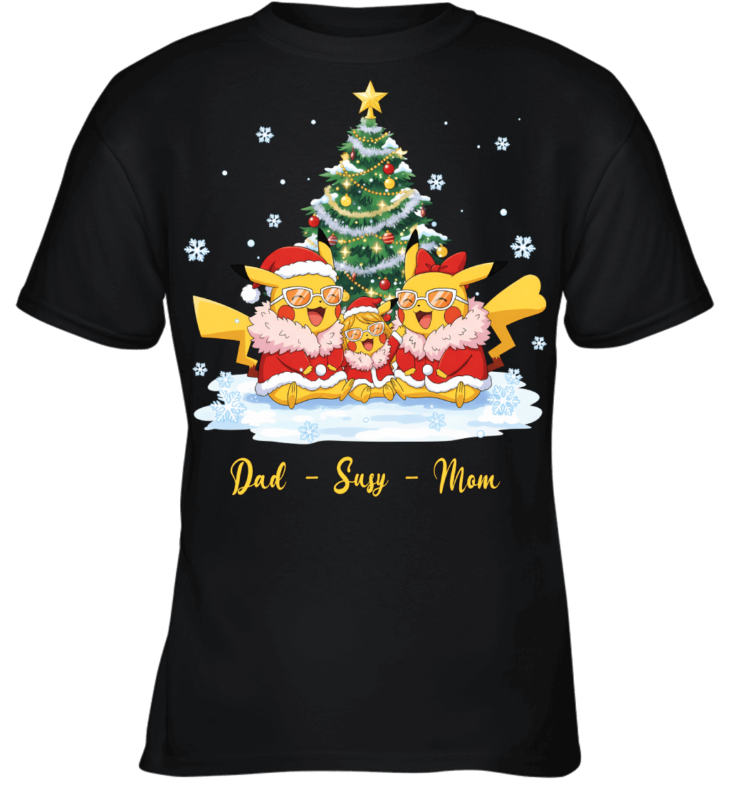Pikachu x Doflamingo Parents & Daughter Custom Name Christmas T-Shirt for Family