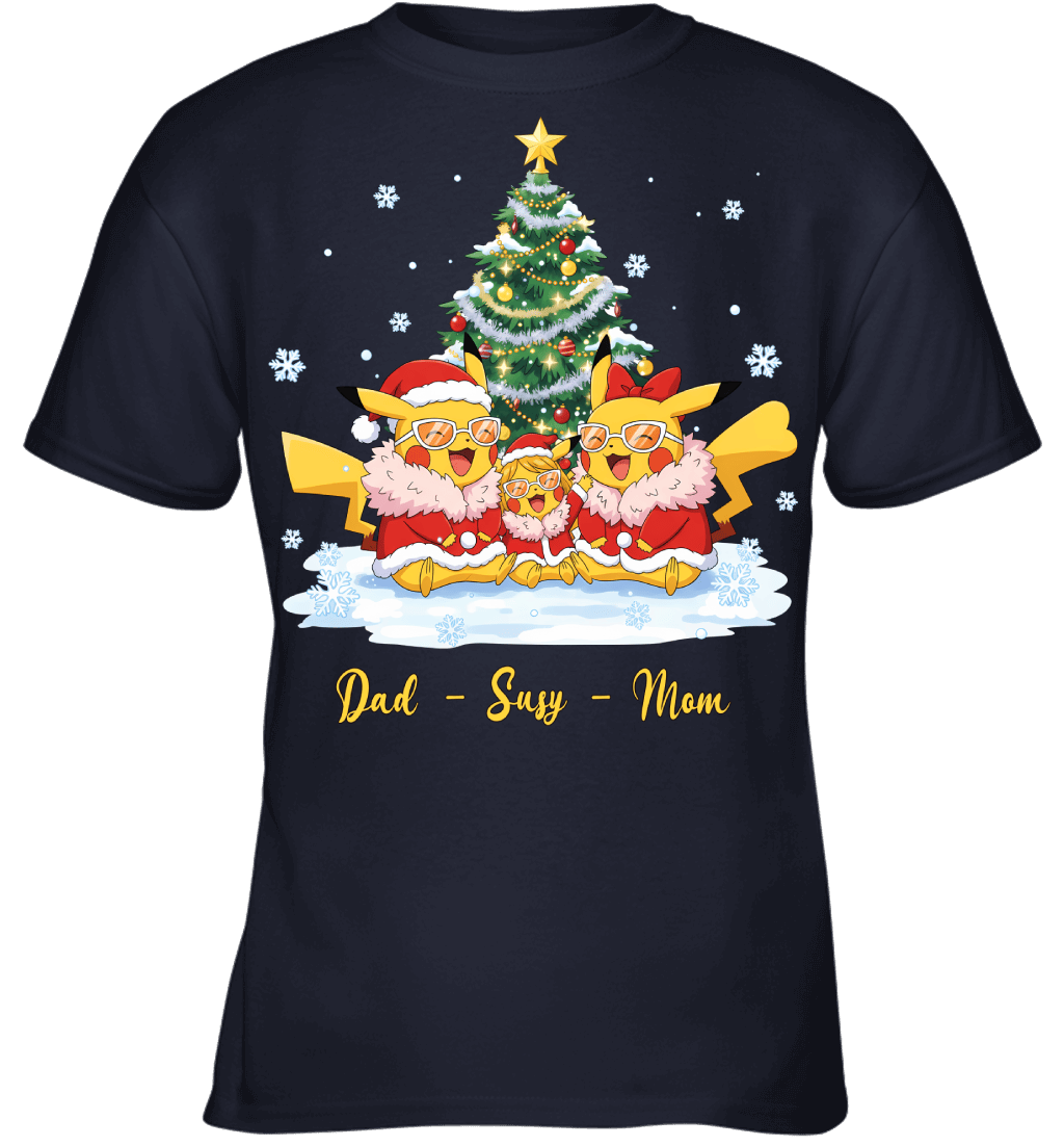 Pikachu x Doflamingo Parents & Daughter Custom Name Christmas T-Shirt for Family
