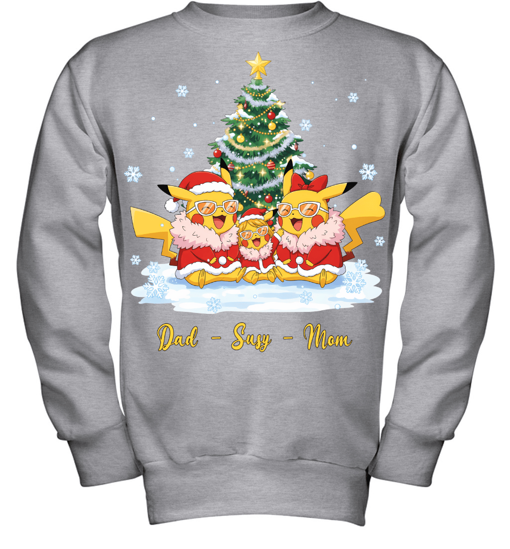 Pikachu x Doflamingo Parents & Daughter Custom Name Christmas T-Shirt for Family