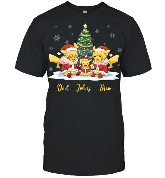 Pikachu x Doflamingo Parents & Son Custom Name Christmas T-Shirt for Family