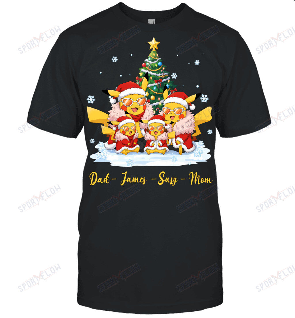 Pikachu x Doflamingo Parents & Kids Custom Name Christmas T-Shirt for Family
