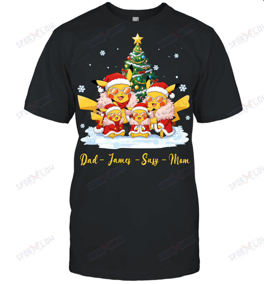 Pikachu x Doflamingo Parents & Kids Custom Name Christmas T-Shirt for Family