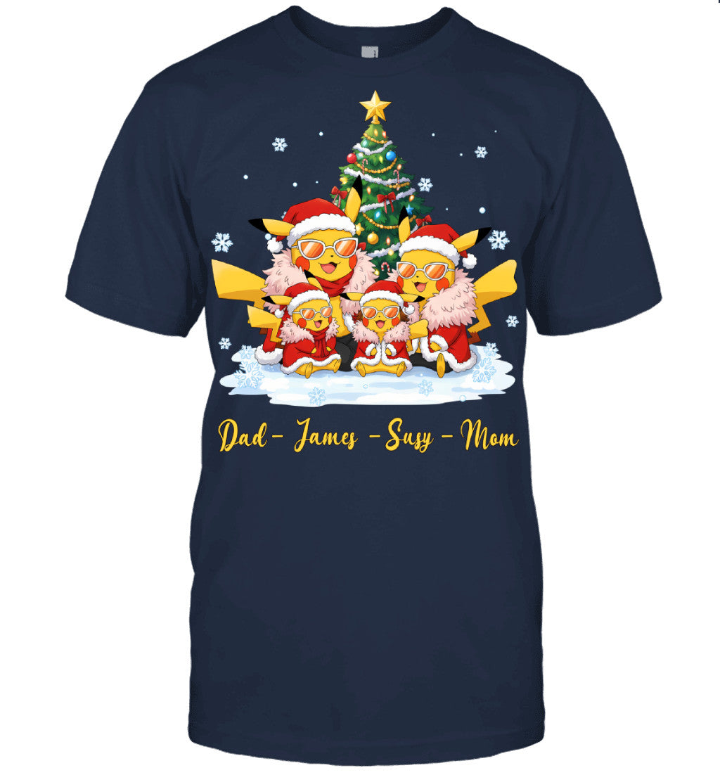 Pikachu x Doflamingo Parents & Kids Custom Name Christmas T-Shirt for Family