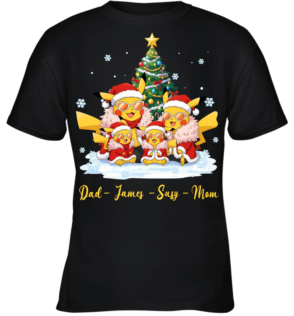 Pikachu x Doflamingo Parents & Kids Custom Name Christmas T-Shirt for Family